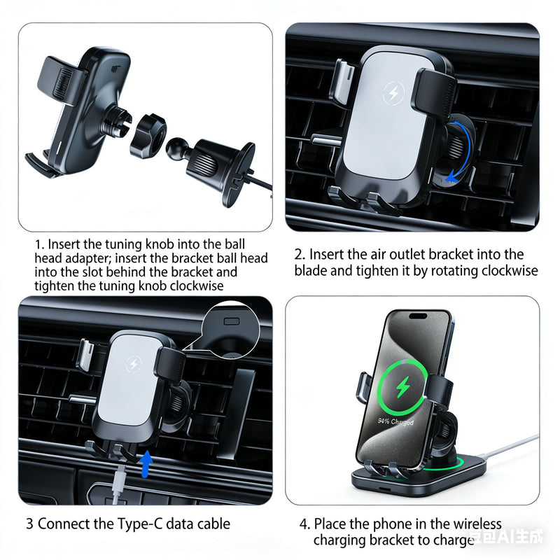 Wireless Car Charger, Auto-Clamping Air Vent Mount Car Phone Holder - 15W/10W/7.5W Fast Charging Compatible with iPhone 17/16/15/14/13/13 Pro/12 Pro Max/12 Pro/12 & Samsung Galaxy, Gift for Men Women Grey