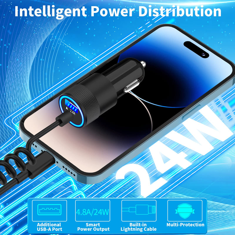 【MFi Certified】iPhone Car Charger Fast Charging, Braveridge 4.8A Dual USB Power Cigarette Lighter Car Charger Adapter with 6FT Lightning Coiled Cable for iPhone 14 13 12 11 Pro/XS/Mini/XR/SE/X/8/iPad Black---Built-in Coiled Cable