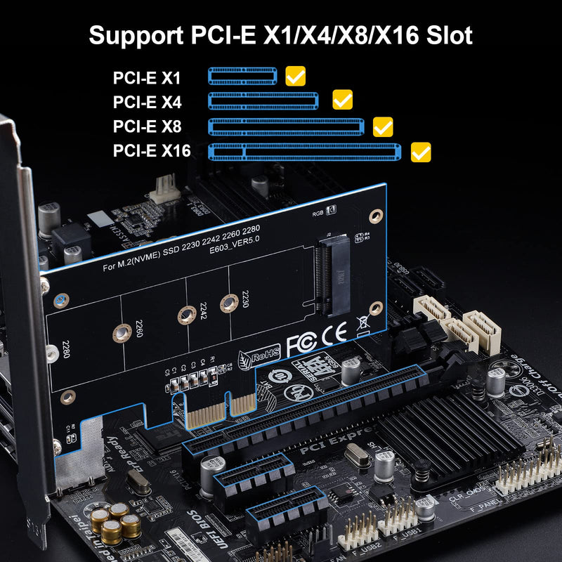 ACTIMED NVMe PCIe Adapter M.2 SSD to PCI-e / Powerful Heat Sink Dissipation / PCIE X1 Interface Compatible with PCI-e Slots X1, X4, X8, X16 / for M-Key M.2 SSD / 2230 2242 2260 2280 / Toolkit Included PCIE X1(X4X8X16)