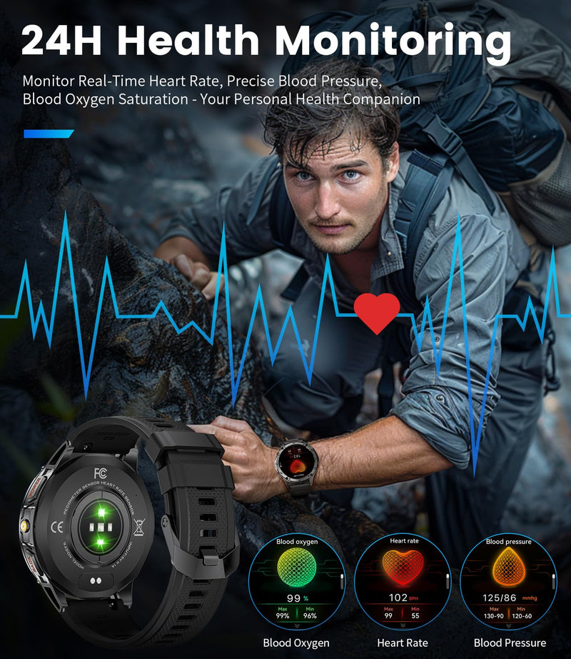 LIGE Military Smart Watch for Men iPhone Android 1.43" HD Amoled Rugged 120+ Sport Modes IP68 Waterproof Answer/Make Call Fitness Running Heart Rate Blood Pressure Health Mens Smartwatch EF6-E Gun Black Black