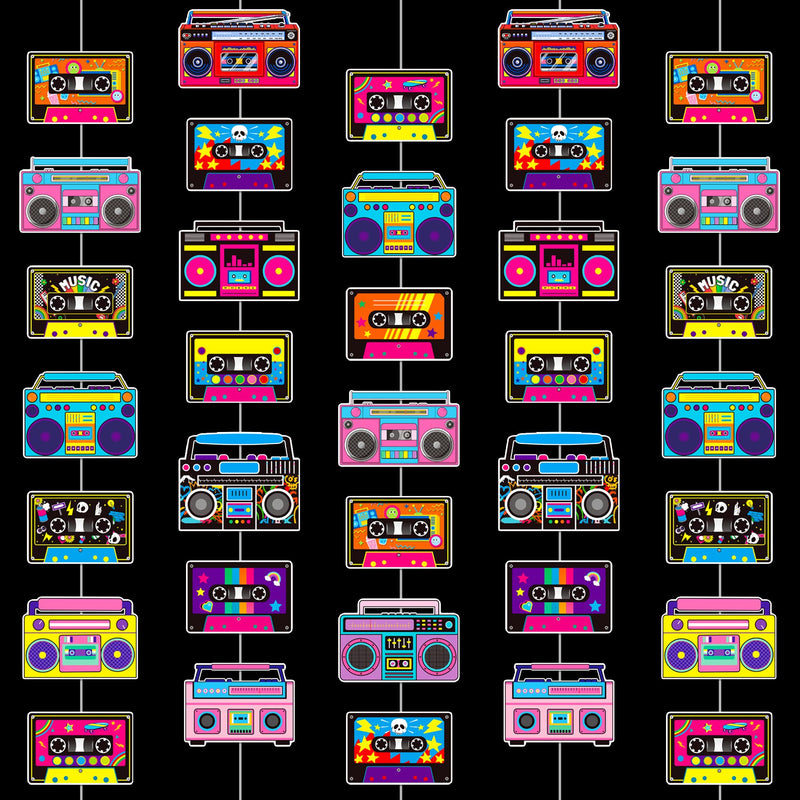 Cassette Tape and Boom Box Garlands 6PCS 80s Party Decorations Retro Radio Cassette Tape Paper Garland Banners 1980s Hanging Decor for 70s 90s Hip Hop Theme Birthday Party Supplies
