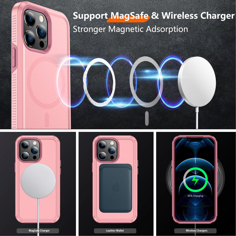 Red2Fire Strong Magnetic for iPhone 12 Pro Max Case, [Compatible with MagSafe] [Tempered Glass Screen Protector + Camera Lens Protector] Heavy Duty Shockproof Protective Phone Case Cover (Pink) Pink-Mag