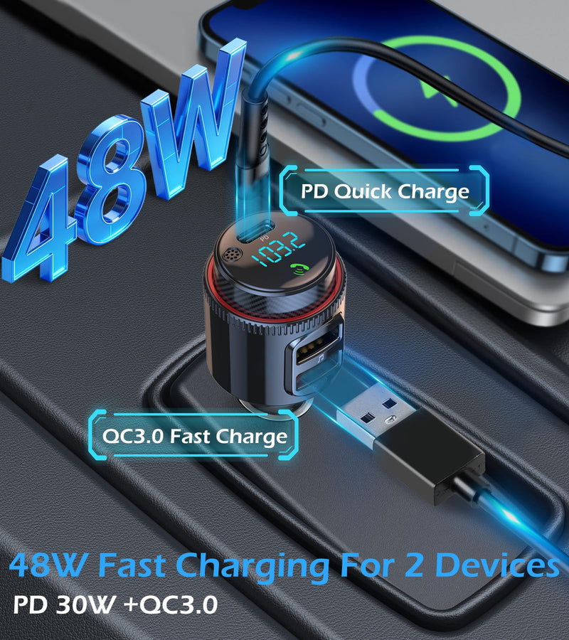 [AUSTRALIA] - LIHAN Bluetooth 5.4 Car FM Transmitter, Wireless AUX Adapter with USB-C PD 30W & QC3.0 18W Dual Fast Charging, HiFi Bass EQ, CVC Hands-Free Calls, Siri/Google Assistant, 12V/24V Cars/Trucks/Vans 