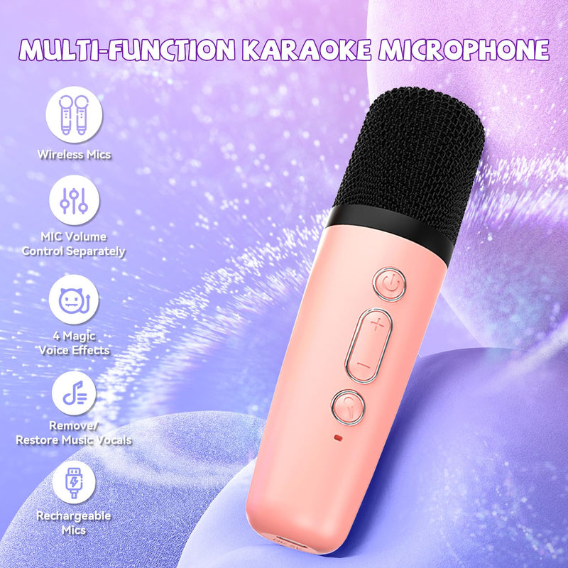 Upgraded Mini Karaoke Machine with 3 Wireless Microphones for Kids Girls Boys - Karaoke Party Speaker Christmas Birthday Gifts for 4 5 6 7 8 9 10 11+ Year Old - Kids' Instrument Accessories - Pink 3MIC-PINK