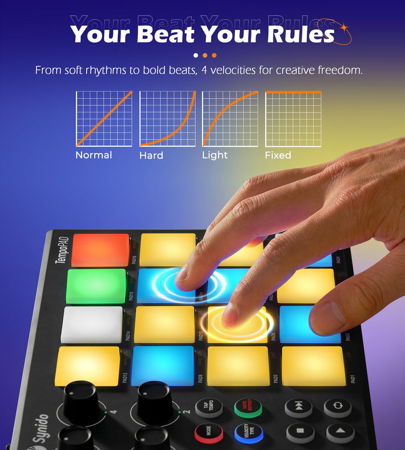 [AUSTRALIA] - Synido TempoPAD Midi Controller Beat Maker Machine for Music Production, Portable USB MIDI Beat Pad Controller for Beginners with Durable Carrying Bag, 16 Backlit Beat Pad, 4 Assignable Knob Black 16 MIDI 