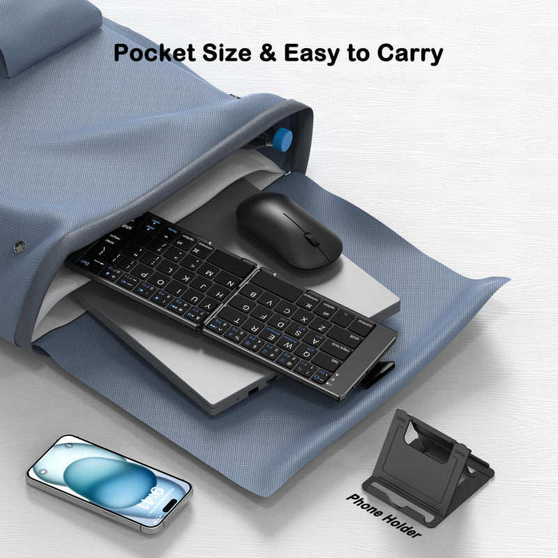 Foldable Keyboard and Mouse, EDJO Folding Wireless Keyboard Mouse Combo with Phone Holder, 2.4G Wireless and Bluetooth, USB-C Rechargeable Portable Keyboard Mouse for iOS Android Windows Mac OS
