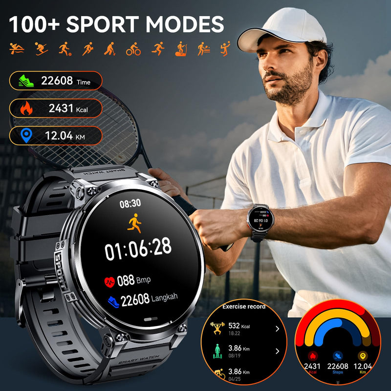 1.85” Big Screen Military Smart Watch for Men with LED Flashlight 2 Straps | Rugged Smart Watch, 730mAh Battery, 100+ Sports Modes, Fitness Watch, Heart Rate Monitor, Sleep Tracker Black Stainless Steel