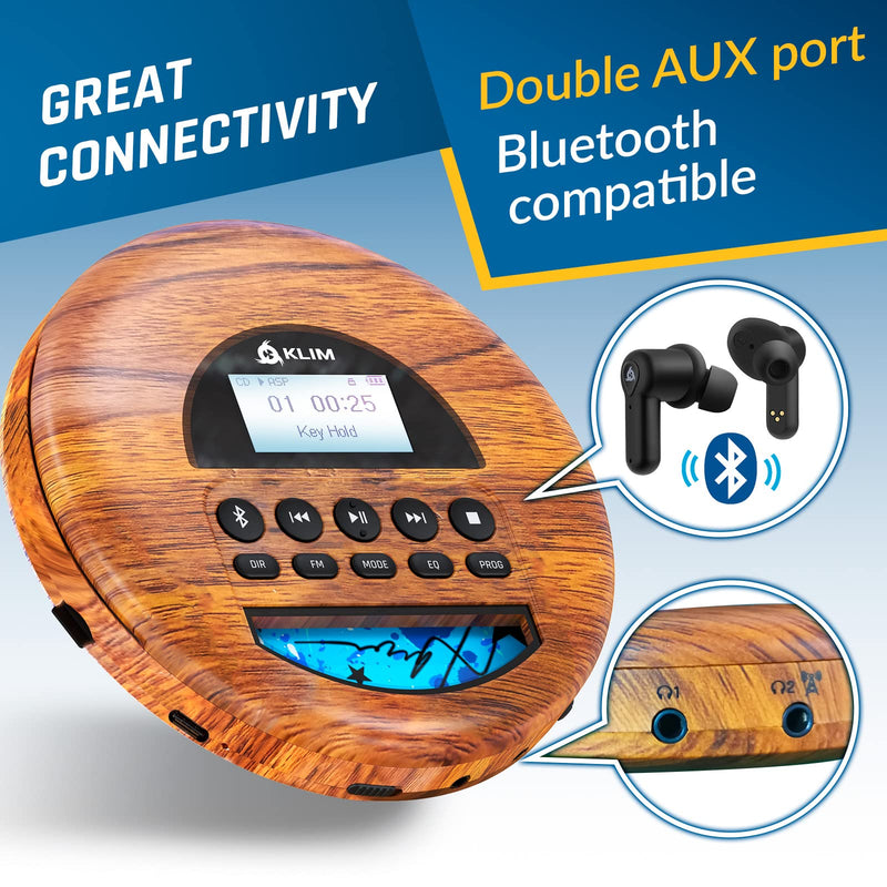 KLIM Nomad Wood - New 2024 - Portable CD Player Walkman - Long-Lasting Battery - Includes Headphones - Radio FM - Compatible MP3 CD Player Portable - TF Card Radio FM Bluetooth - Ideal for Cars