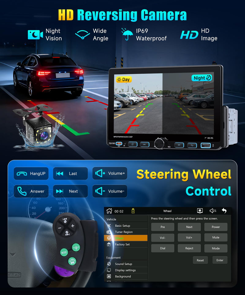 Single DIN Car Stereo with Wireless CarPlay & Android Auto, 7-Inch Touchscreen Car Radio with AM/FM/RDS, Bluetooth 5.0, SWC, Backup Camera, USB-C, Mirror Link