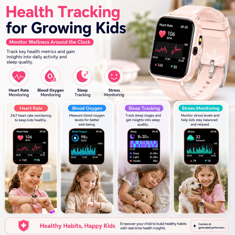 Smart Watch for Kids Boys Girls Age 5-12, Ai Functions Games HD Touch Screen Watches with Video Camera Music Player Pedometer Heart Rate Sleep Tracker Christmas Birthday Gifts for Boys
