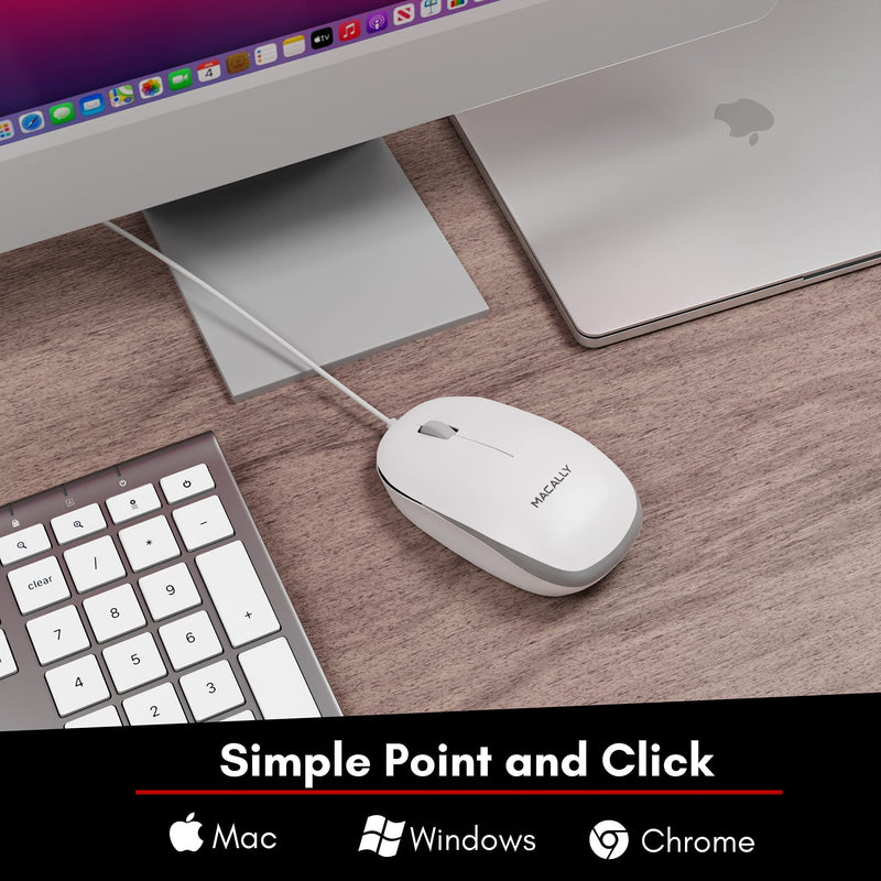 Macally USB Wired Mouse for Mac and Windows - Simple 3 Button Computer Mouse Wired, Scroll Wheel Layout with 5ft Cord - Simple Plug and Play USB Mouse for Laptop, Desktop, Notebook - White