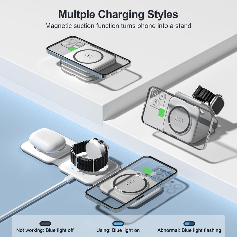 [AUSTRALIA] - UCOMX 3 in 1 Charging Station for Multple Devices,Foldable 3 in 1 Wireless Charger for Travel,Nano Wireless Charging Station for iPhone16 15 14 13 12 Pro Max/Watch 10 9 8 7 6 5 4 3 Ultra/AirPod Pro White 