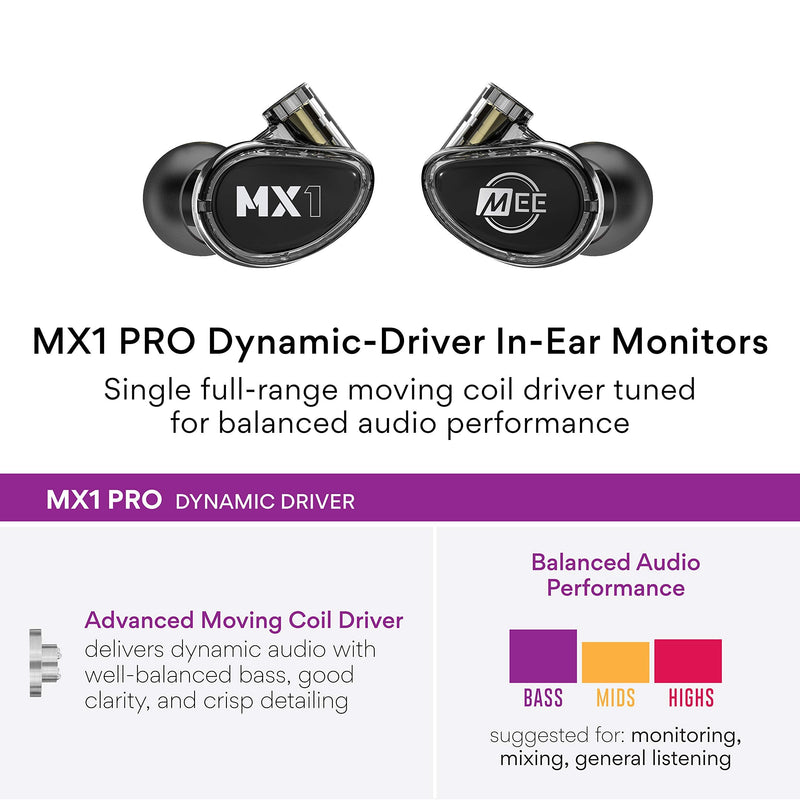 MEE Professional MX1 PRO Advanced Dynamic Driver Musician's in Ear Monitor Headphones with Balanced Sound; Noise Isolating Earbuds Earphones w/Memory Wire, Optional Customization & Detachable Cables Black