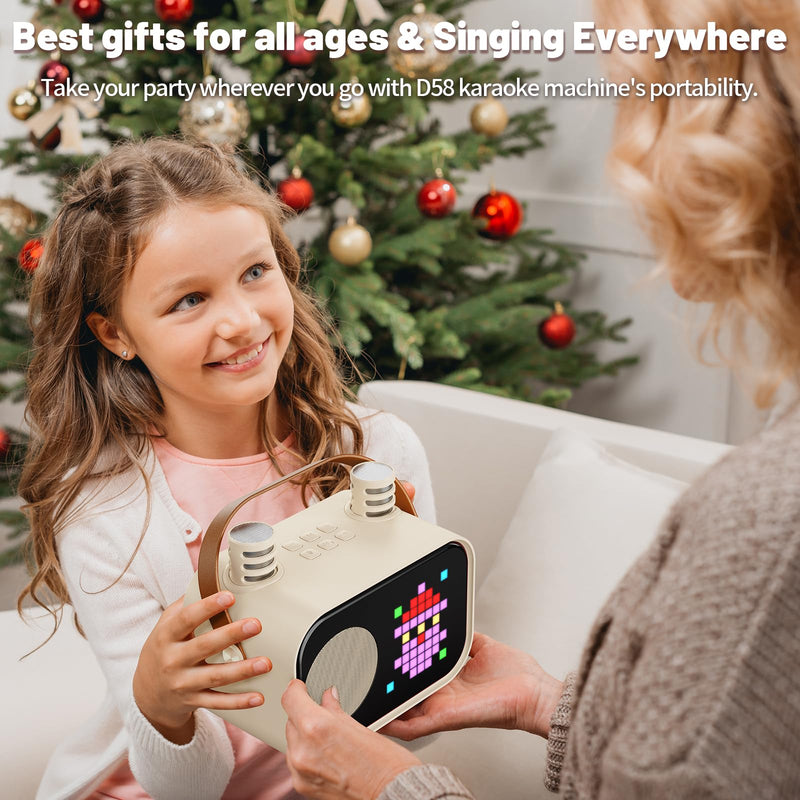 Karaoke Machine for Kids Adults, Portable Bluetooth Karaoke Speaker with 2 Wireless Microphones, Pixel Display Light, Birthday Gifts Toys for Girls & Boys Ages 3, 4, 5, 6, 7, 8, 9,10,11,12+ Years 2 Mics Beige