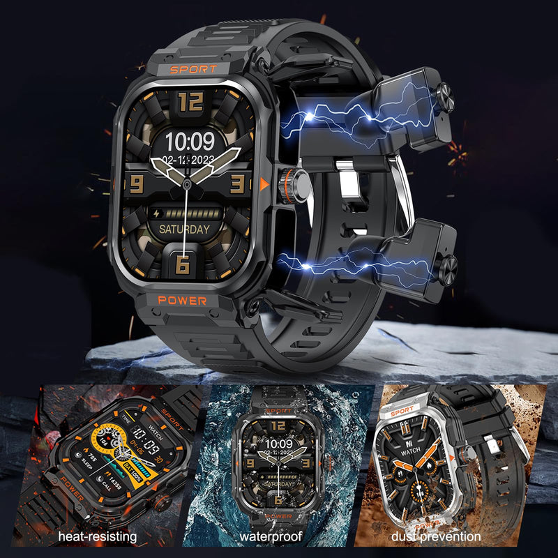 Smart Watch with Earbuds for Men, 2.01" HD Screen Military Watch, Answer/Make Calls, Sports Fitness Trackers with Heart Rate, Blood Oxygen, Sleep Monitor, Perfect for Men Dad Husband Black