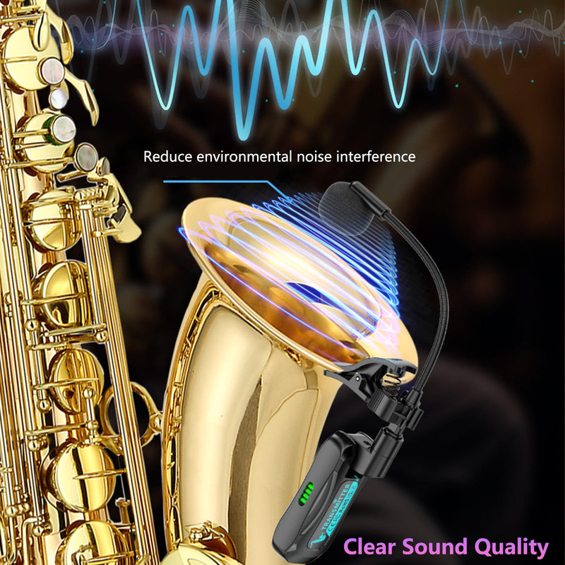 Wireless Saxophone Microphone System, High-Resolution 24- bit/44.1kHz Audio 2.4GHz Clip on Instrument Microphone Suitable for Brass (Trumpet, Trombone, Tuba, Cornet ), Low Latency Wireless Mic