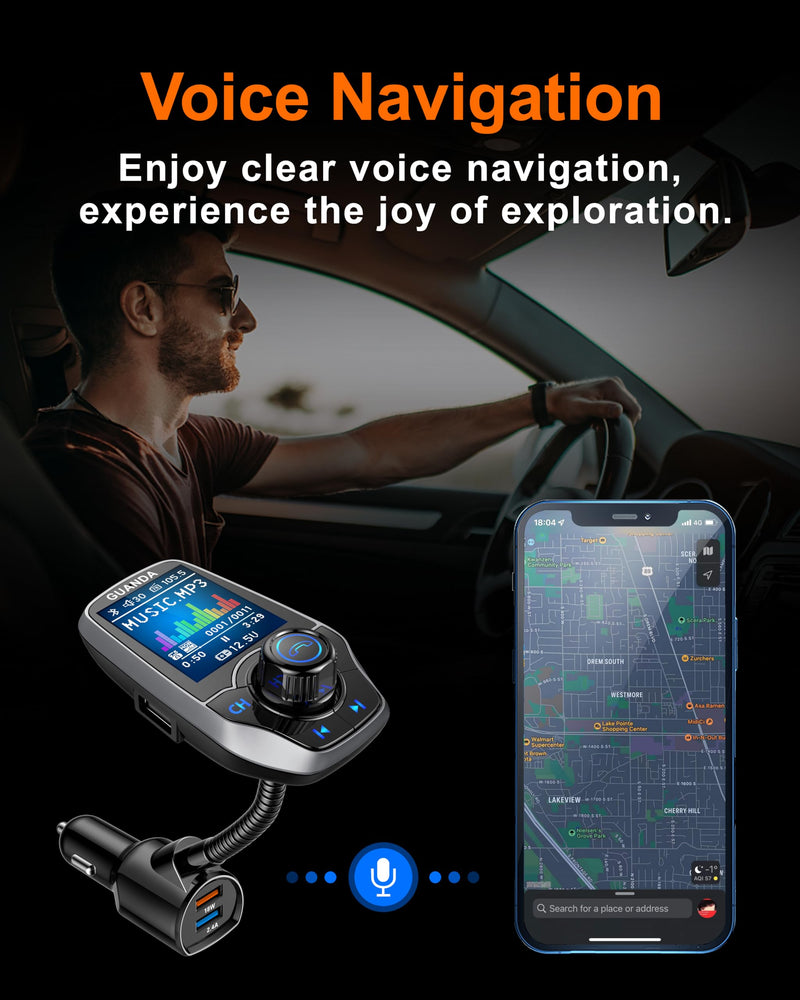Upgraded Bluetooth 5.3 FM Transmitter for Car, Wireless Radio Adapter Kit W 1.8" Color Display Hands-Free Call AUX in/Out SD/TF Card USB Fast Charging 18W for All Smartphones Audio Players - Pewter 18W/5V-Pewter