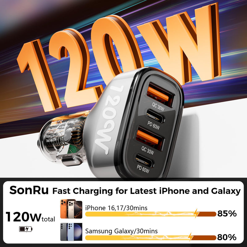 SONRU 4-Port USB C Car Charger, 120W 2*【PD60W+QC30W】 Cigarette Lighter USB Car Charger Adapter, Fast Car Phone Charger for iPhone 17/17 Pro Max/16/15/14 Series, Galaxy S24/23,iPad, Galaxy, Tablet grey