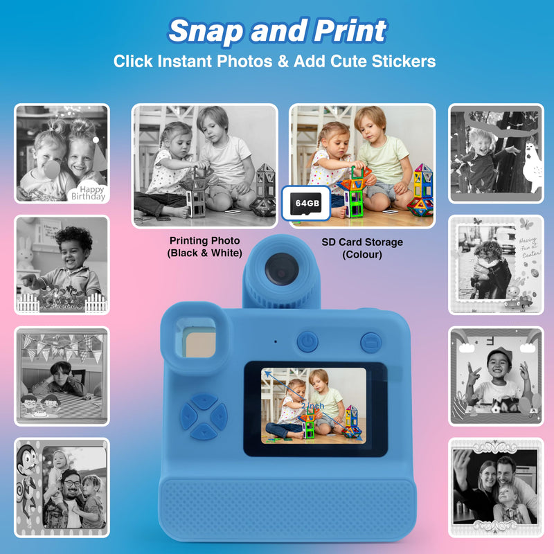 GabbaGoods Instant Print Kids Camera For 3 4 5 6 7 8 9 Year Old Kids With 32GB SD Card, Instant Thermal Print Feature Best For Gift On Christmas/Birthday/Holiday | Toddler Camera | Kids Digital Camera Blue