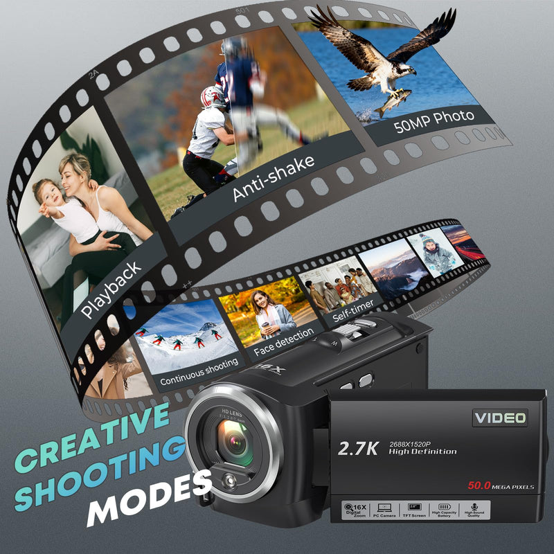 2.7K Video Camera Camcorder QHD 56MP YouTube Vlogging Cameras | 16X Digital Zoom Camcorders Webcam with 32G SD Card 270 Degree Rotation Screen and 2 Batteries Recording While Charging Dark Black