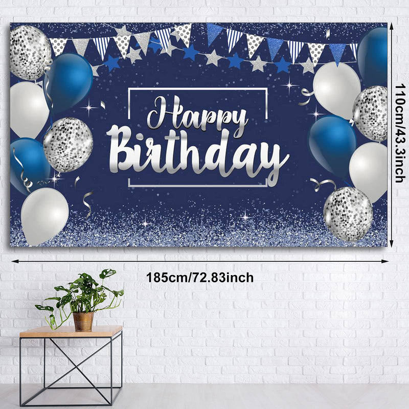 Happy Birthday Decorations Backdrop, Glitter Birthday Backdrop Sign, Happy Birthday Banner, Birthday Party Supplies Photo Background for Children Men Women, 72.8 x 43.3 Inch (Silver and Navy Blue) Silver and Navy Blue