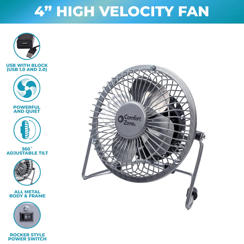[AUSTRALIA] - Comfort Zone Mini Portable Desk Fan with 360-Degree Adjustable Tilt, Dual Powered (USB or Power Cord), 4 inch, All-Metal Construction, Airflow 3.31 ft/sec, Ideal for Home, Bedroom & Office, CZHV4BK Black 