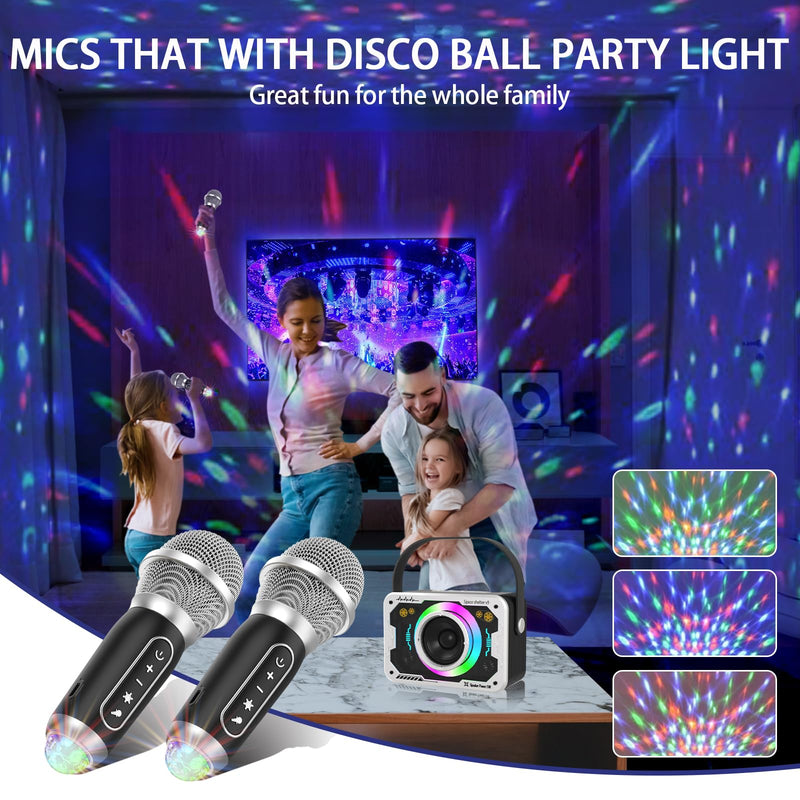 Karaoke Machine with 2 Wireless Microphones, Disco Lights, Portable Bluetooth Speaker, PA System for Adults and Kids, Home Party (White) White 2mics
