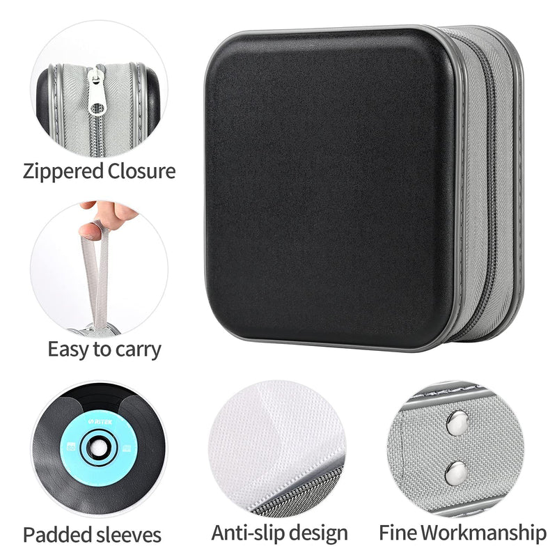 48 Capacity CD Case,Portable DVD Hard Plastic Case Holder CD Organizer Wallet Protective DVD Storage (Black, 48) black