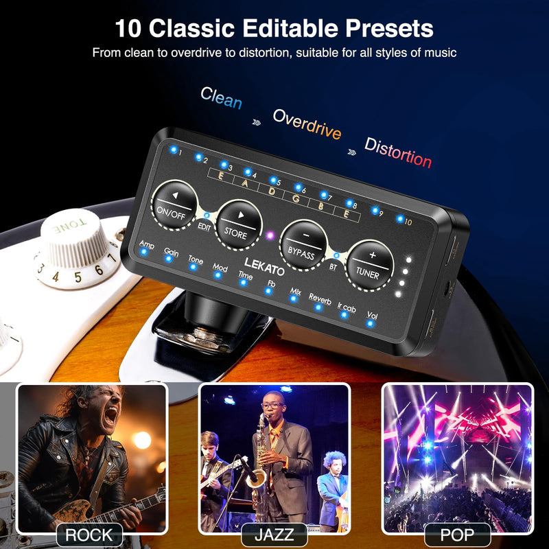 LEKATO Micro Guitar Headphone Amp Bass Guitar Headphone Amplifier with Multi Effects - Amp Models, IR Loading, Tuner, Rechargeable Electric Headphone Amplifier Delay Reverb Chorus Overdrive Portable