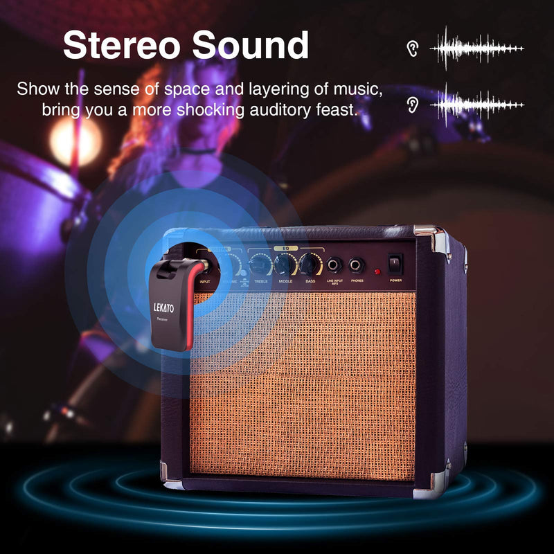 LEKATO 2.4GHz Wireless Guitar System - 6 Channels Rechargeable Wireless Transmitter & Receiver for Guitar & Bass, Stereo & Mono 1/4' & 1/8' 2 in 1 Plugs (Black & Red)