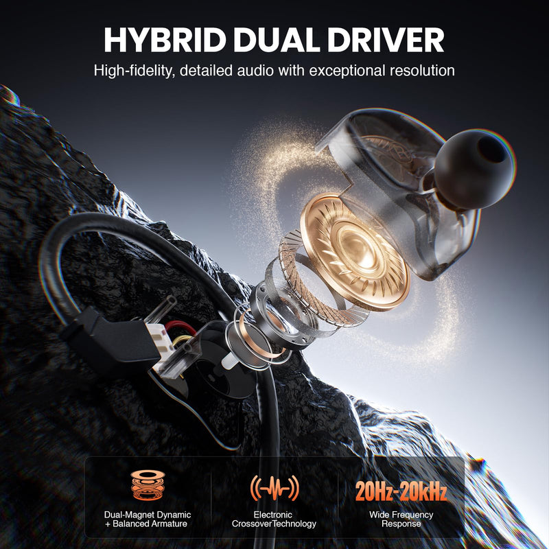 Phenyx Pro Hybrid Dual Driver in-Ear Monitor Earphones PME-20 | Noise-Isolating Stereo IEM, Detachable 2-Pin Cable, Tangle-Free Design, Singers, Musicians, Gaming