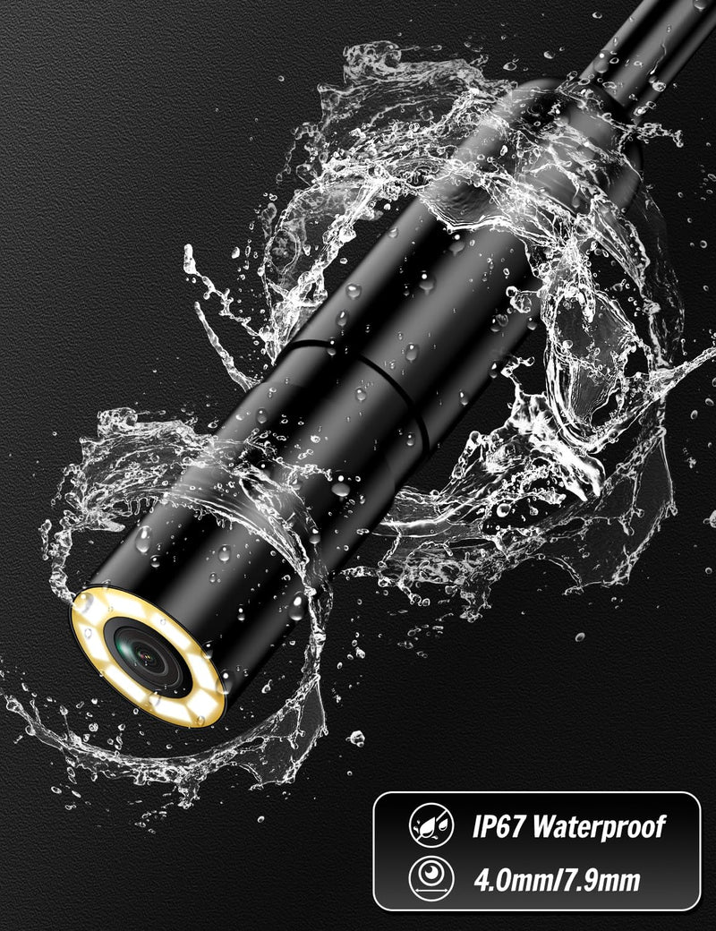 Endoscope Camera with Light, 1920P HD Borescope with 8 Adjustable LED Lights, Borescope with 16.4ft Semi-Rigid Snake Camera with Light, 7.9mm IP67 Waterproof Inspection Endoscope for iOS and Android AN112-16.4ft