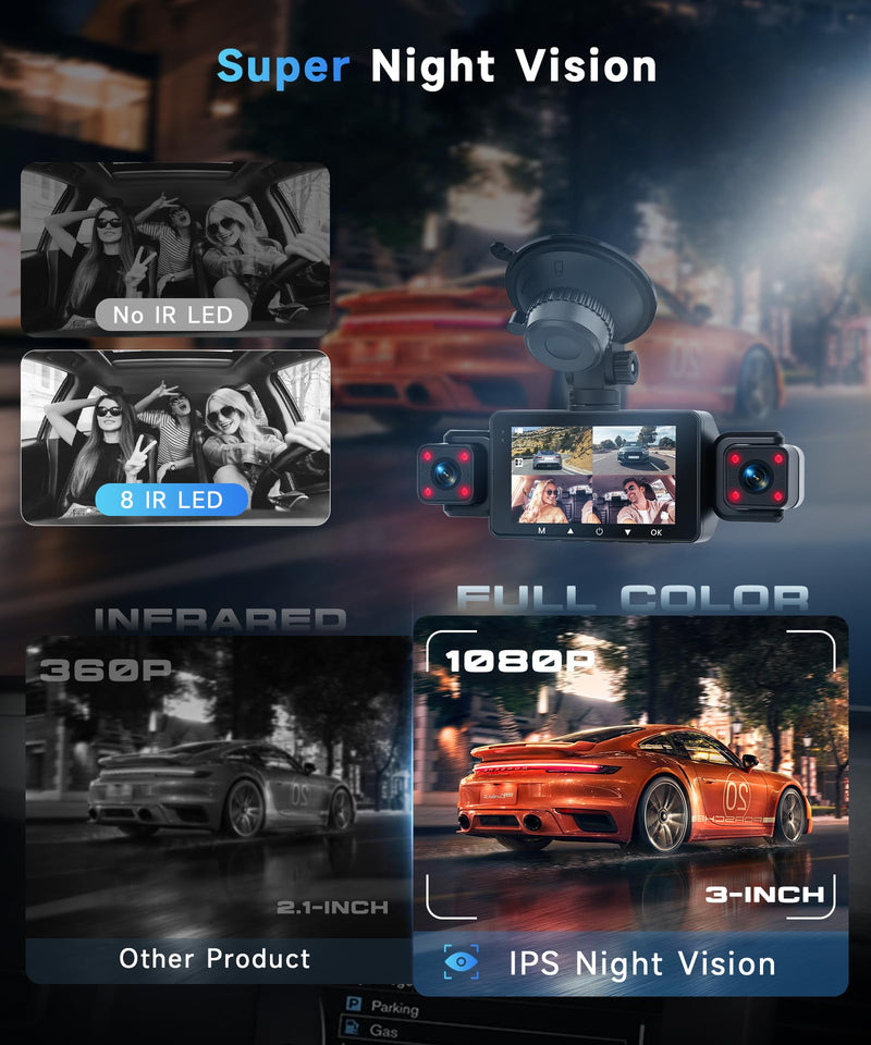 4 Channel 360° Dash Camera Front and Rear Inside Left Right, 3 Inch Dash Cam Support WiFi, Built-in Night Vision Sensitive Motion Detection 24/7 Recording Parking Mode Monitor Reversing Help 3 Inch with WiFi