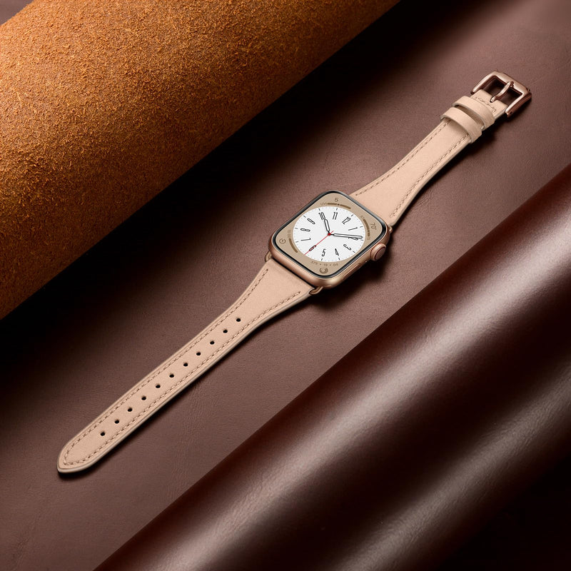 XCCYBTT Slim Leather Bands Compatible with Apple Watch Band 42mm 41mm 40mm 38mm, Genuine Leather Band Strap for iWatch Series 10/9/8/7/6/5/4/3/2/1/SE Women, Black/Rose Gold and Pink Sand/Rose Gold