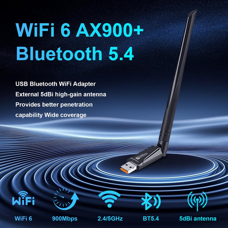 INTELBRAS 2-in-1 USB Bluetooth WiFi Adapter, AX900 WiFi 6 + Bluetooth 5.4 | Dual-Band 2.4GHz/5GHz with 5dBi High-Gain Antenna, Compatible with Windows 7/10/11 (WiFi), Windows 10/11 (Bluetooth) AX900,WIFI 6