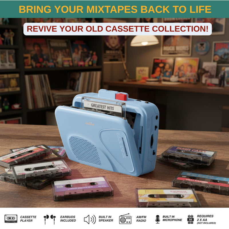 Cassette Tape Player | Portable Battery Operated | Radios Portable AM FM with Built-in Speaker, Tape Voice Recorder, VAS, Aux In Port | Includes Wired Earbuds for Music and Travel BLUE