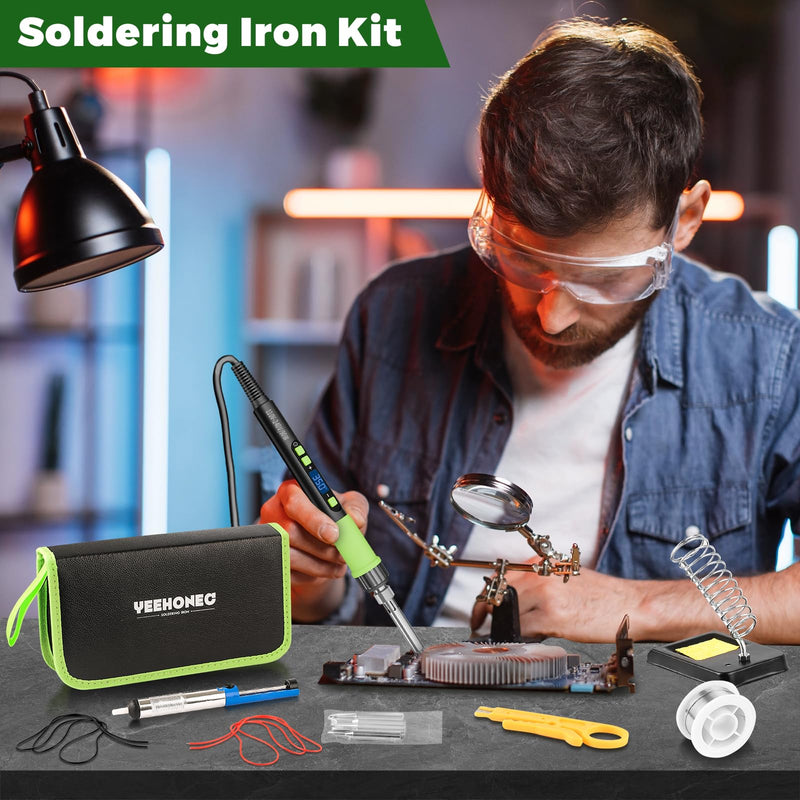 YEEHONEC Professional Soldering Iron Set, 90 W LCD Automatic Sleep Mode, Adjustable Temperature 180-500 °C with 50 g Solder, 5 Soldering Tips, Desoldering Pump, Soldering Iron Stand, Tweezers