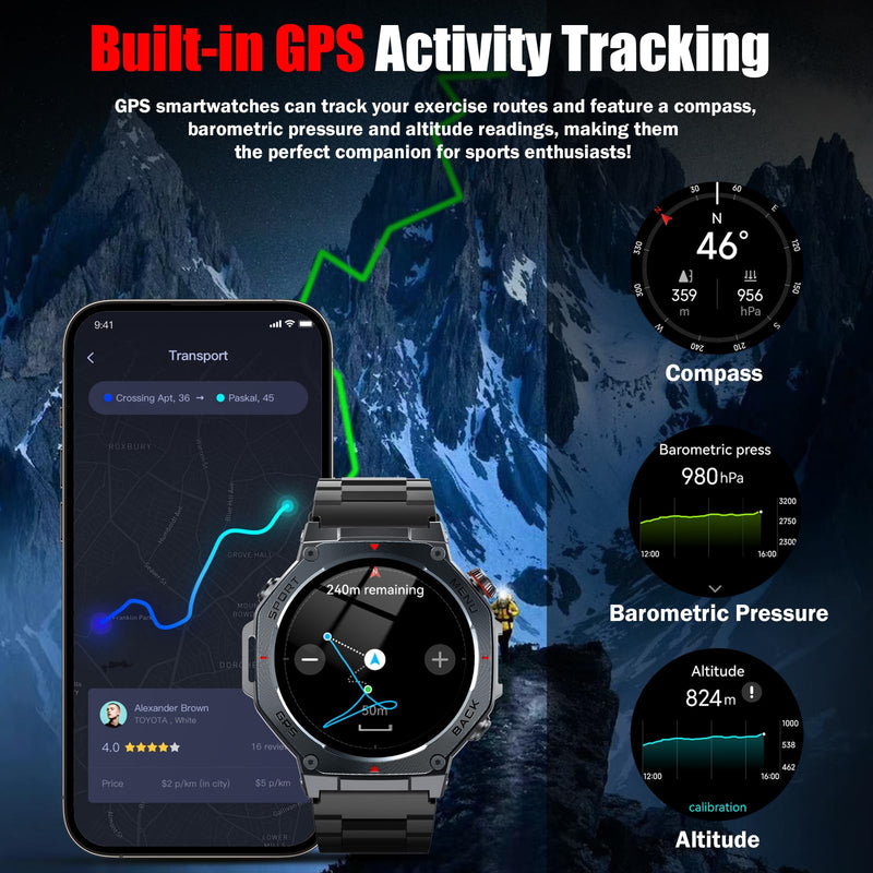Jugeman Military Smart Watch for Men Built-in GPS with LED Flashlight-Black | 1.43" AMOLED Display, 5ATM Waterproof, Compass, Fitness Tracker, Heart Rate/Sleep/Blood Oxygen, Watches for Android/iPhone Black