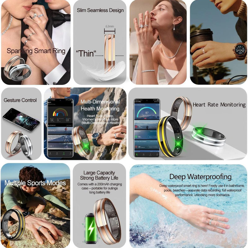 Yihou Smart Ring for Men Women, Health & Fitness Tracker, Ultra-Thin 6.3mm | Sleep insights, heart rate monitoring, gesture control, ceramic-metal body, waterproof design, activity tracking Silver #7(2.17 inch)