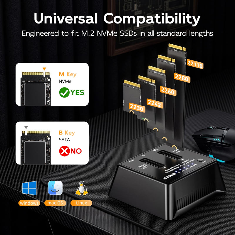 MAIWO Dual M.2 NVMe Cloner, 10Gbps USB 3.2 Gen 2 External SSD Docking Station for PC Laptop, Standalone Offline Duplicator Tool-Free for M-Key SSD 2230 2242 2260 2280 22110