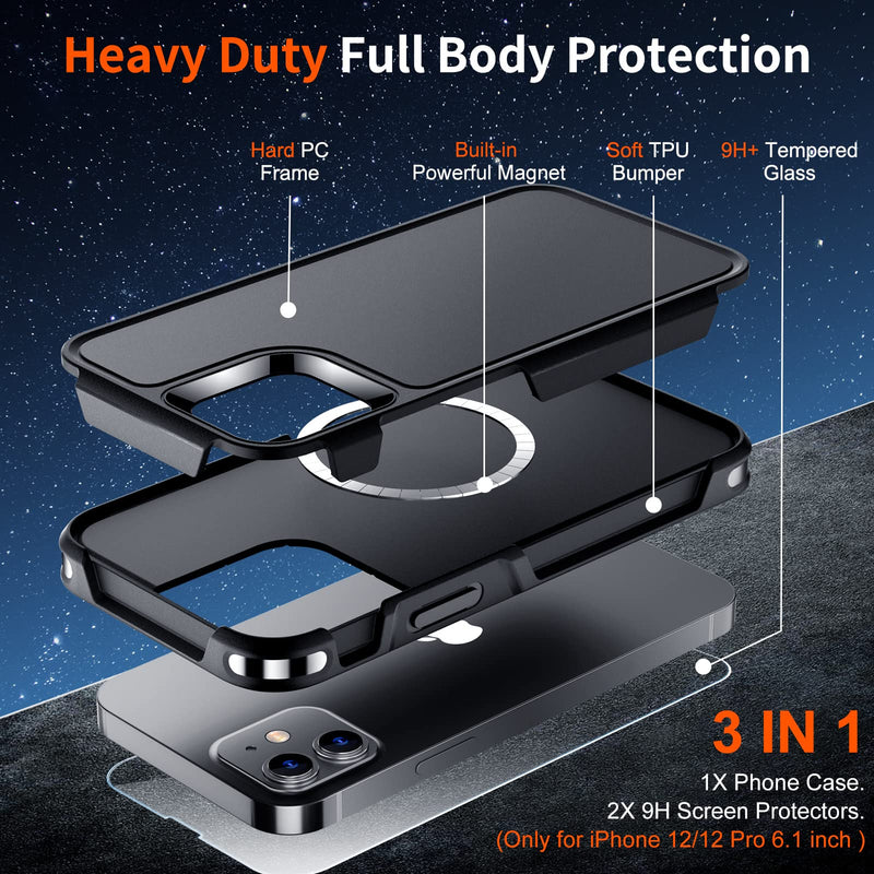 SUPFINE Magnetic for iPhone 12 Case/iPhone 12 Pro Case, [Compatible with MagSafe] [10 FT Military Grade Drop Protection] 2X [Tempered Glass Screen Protector] Phone Case for iPhone 12/12 Pro, Black