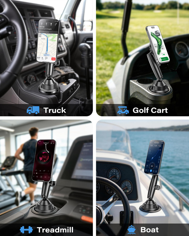APPS2Car Magnetic Cup Holder Phone Mount, Tri-Pivot Adjustable Long Arm | 17 N54 Magnets, Fits 3"–4" Cup Holders, 17mm Ball Joint, Compatible with MagSafe iPhone, Samsung, Smartphones