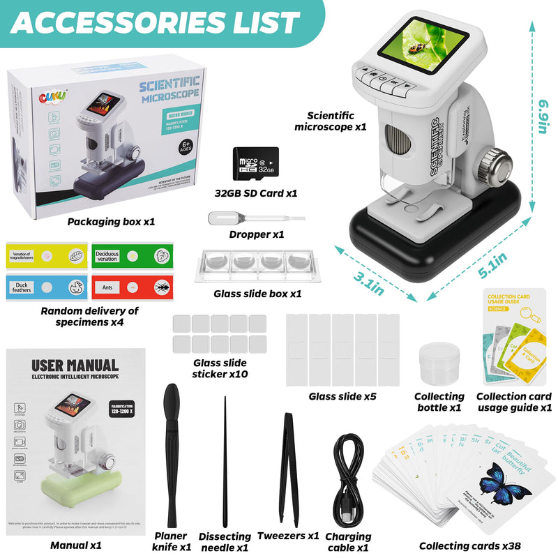 Rechargeable Digital Microscope for Kids 1200X - 2'' LCD Screen STEM Toy with 32G SD Card for Photo/Video, Portable Pocket Microscope for Boys Girls Ages 6,7,8-12, Science Kit Gift Birthday Christmas