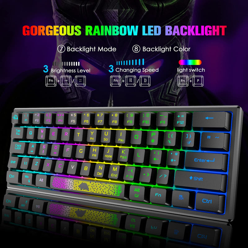 ZIYOU LANG K61 60% Gaming Keyboard Mini Portable with Rainbow RGB Backlit Ergonomic 62Key Layout 19Key Anti-ghosting Mechanical Feel Waterproof USB Wired for PC Mac Windows Gamer Laptop Typists(Black) Black