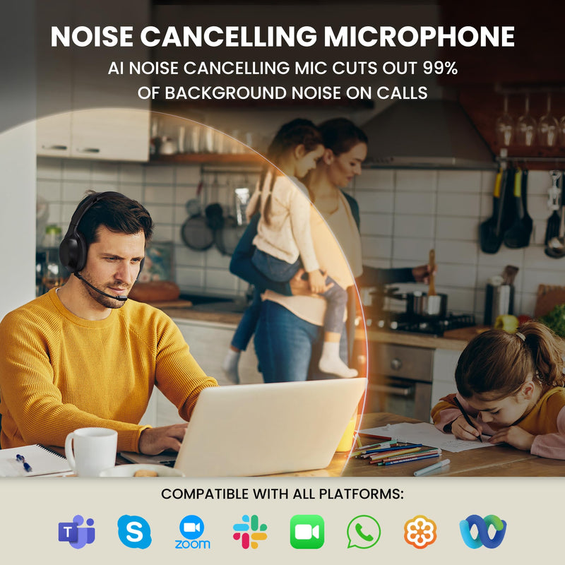 Back Bay Audio ClearCall 70 - Bluetooth Headphones with Microphone + Removable Boom Mic - Work Head Phones Wireless Bluetooth, Over Ear Headphones for Work from Home, Headset for Laptop Black