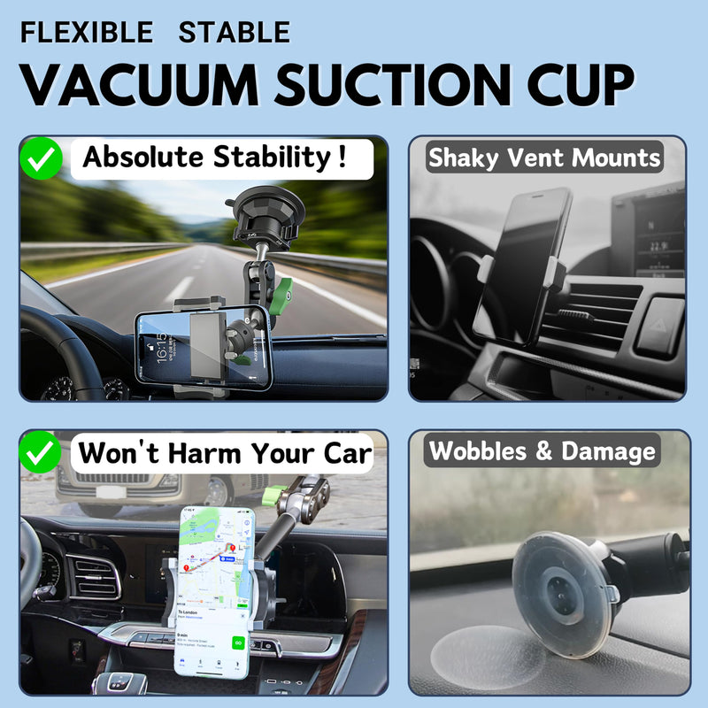 Car Phone Holder-Phone Mount for Car Windshield & Truck-Holder with 360° Rotating Metal Arm-Mount with Super Stable Suction Cup for All Vehicles Extended