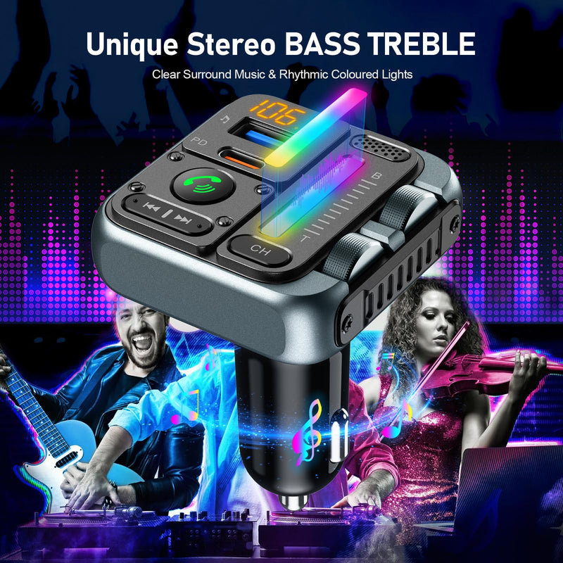 [AUSTRALIA] - Bluetooth Car Adapter - Bluetooth 5.3 FM Transmitter, PD 45W & QC3.0 12W Fast Car Charger, Wireless FM Stereo Radio Music Adapter [Hi-Fi Bass/Treble Roller], Hands-Free Calling/U-Disk Grey 