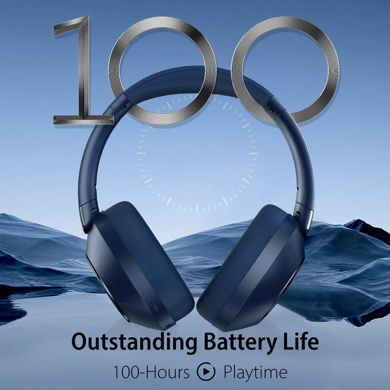 Active Noise Cancelling Headphones, 100H Playtime Headphones Wireless Bluetooth, Bluetooth Headphone with Microphone, Over- Ear Wireless Headphone with Deep Bass for Travel (Blue) Blue
