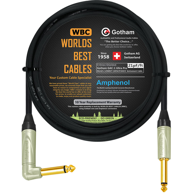 12 Foot - Gotham GAC-1 Ultra Pro (Black) - Premium, Low-Capacitance (21 pf/F) Guitar Bass Instrument Cable - Amphenol QM2R-AU & QM2P-AU ¼ Inch (6.35mm) Gold TS Connectors