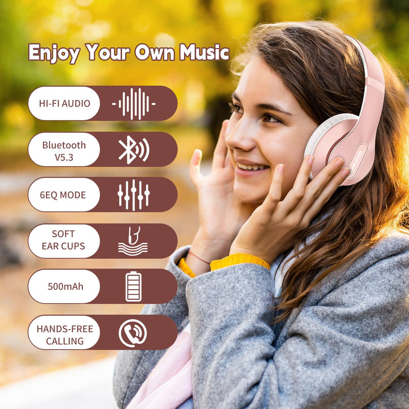 [AUSTRALIA] - Wireless Headphones Over Ear 65H Playtime HiFi Stereo Headset with Microphone and 6EQ Modes Foldable Bluetooth V5.3 Headphones for Travel Smartphone Computer Laptop Rose Gold WH207A 